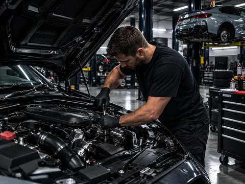 Technician servicing a BMW engine bay at the workshop