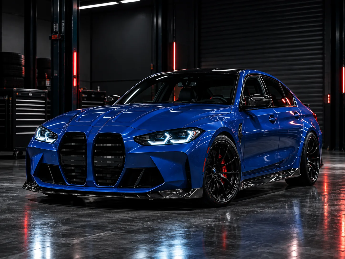 Blue performance coupe, side three-quarter view in the workshop