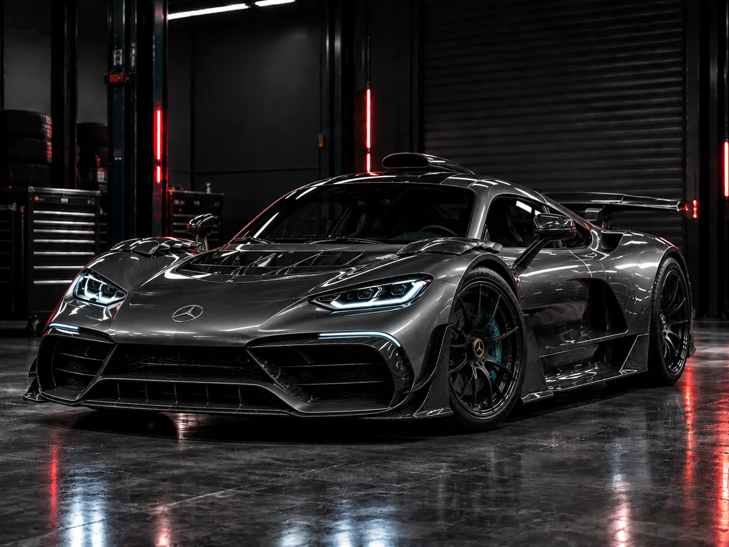 Silver hypercar, front three-quarter view in the workshop
