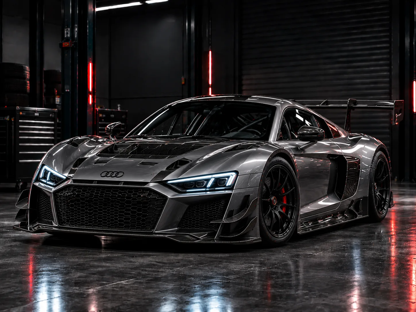 Grey supercar, side three-quarter view in the workshop
