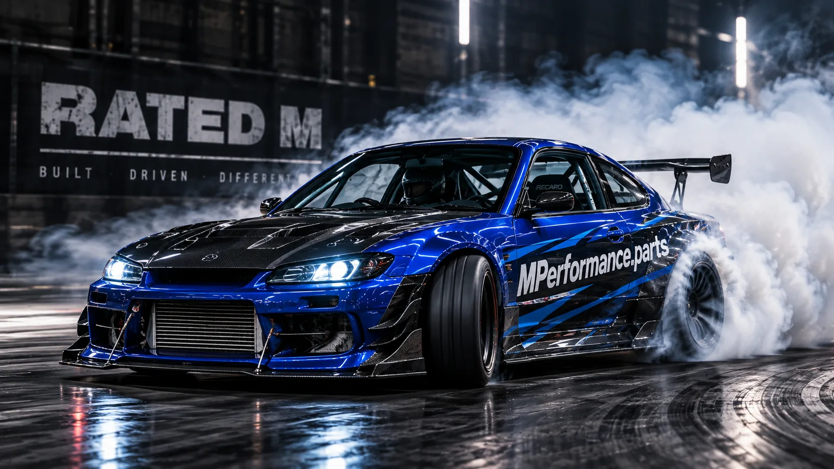 Drift car with tyre smoke on a track