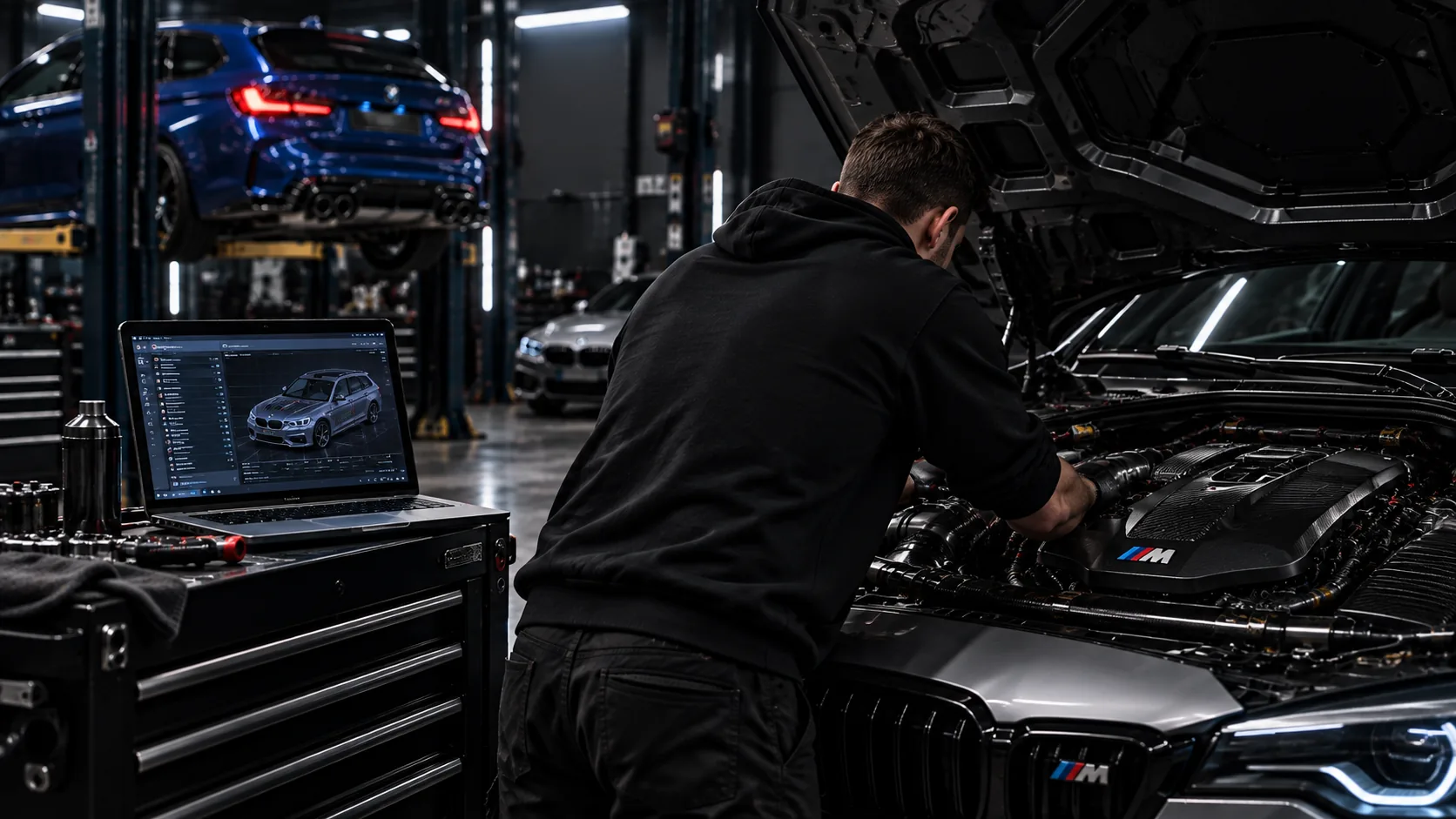 Technician running diagnostics on a vehicle with a laptop