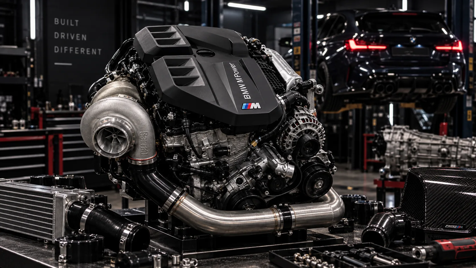 Performance powertrain on a bench in the workshop
