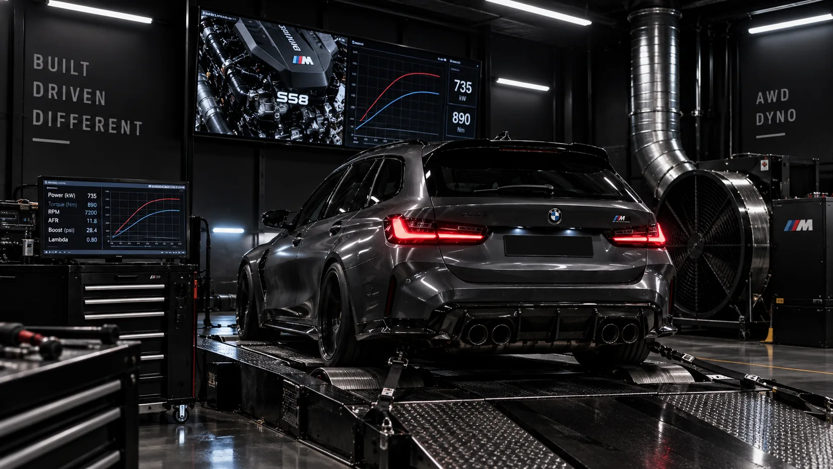 Vehicle on the in-house dyno during a tuning session