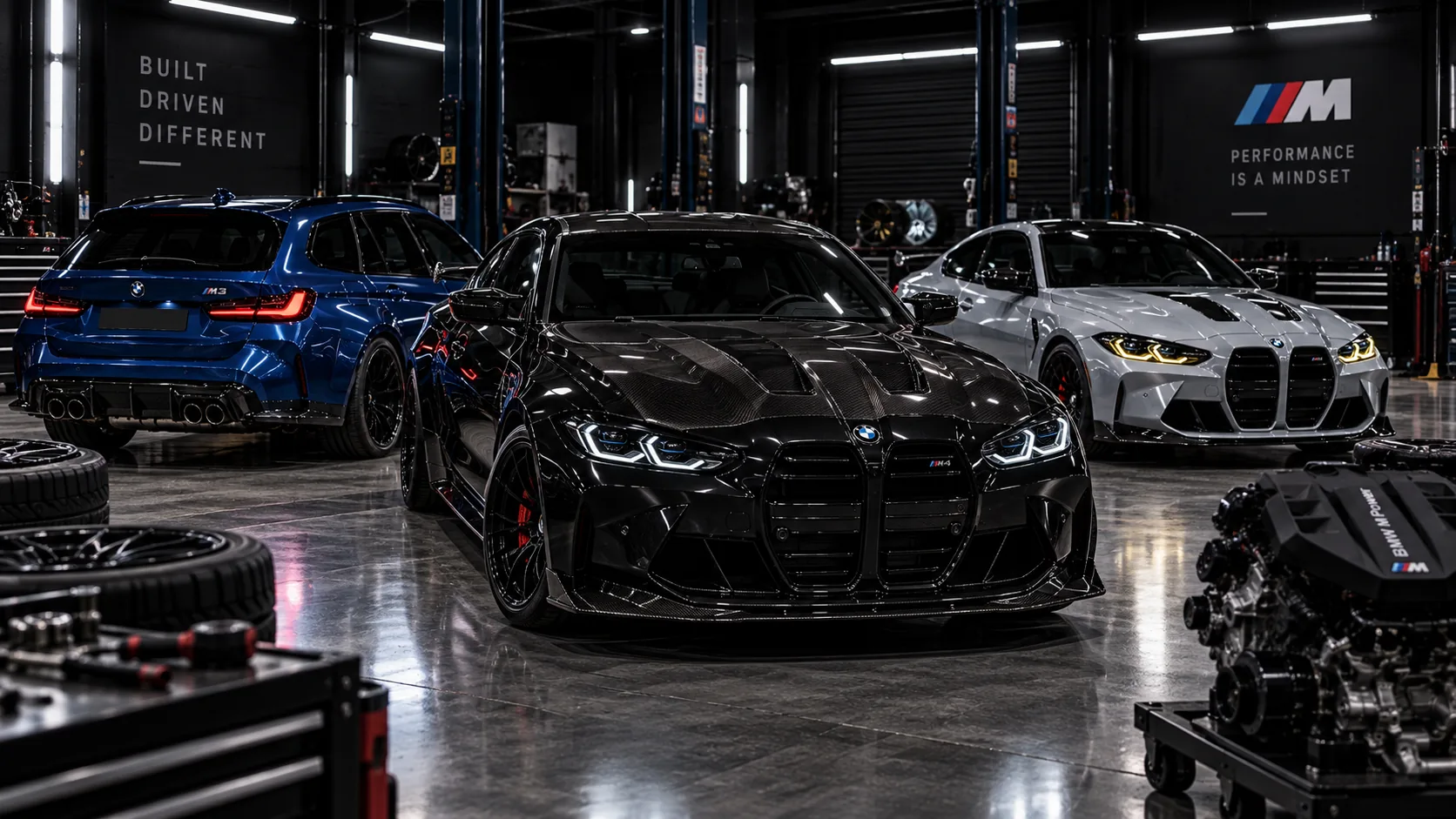 Performance sedan, front three-quarter view on the workshop floor
