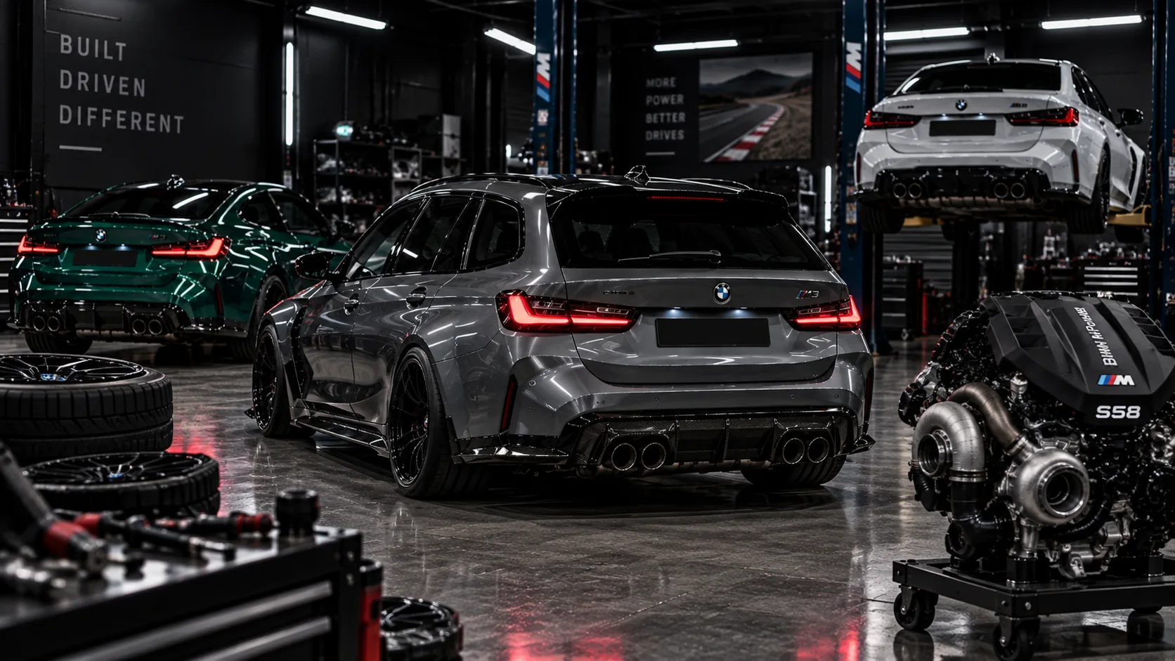 Performance sedan rear, workshop bay behind