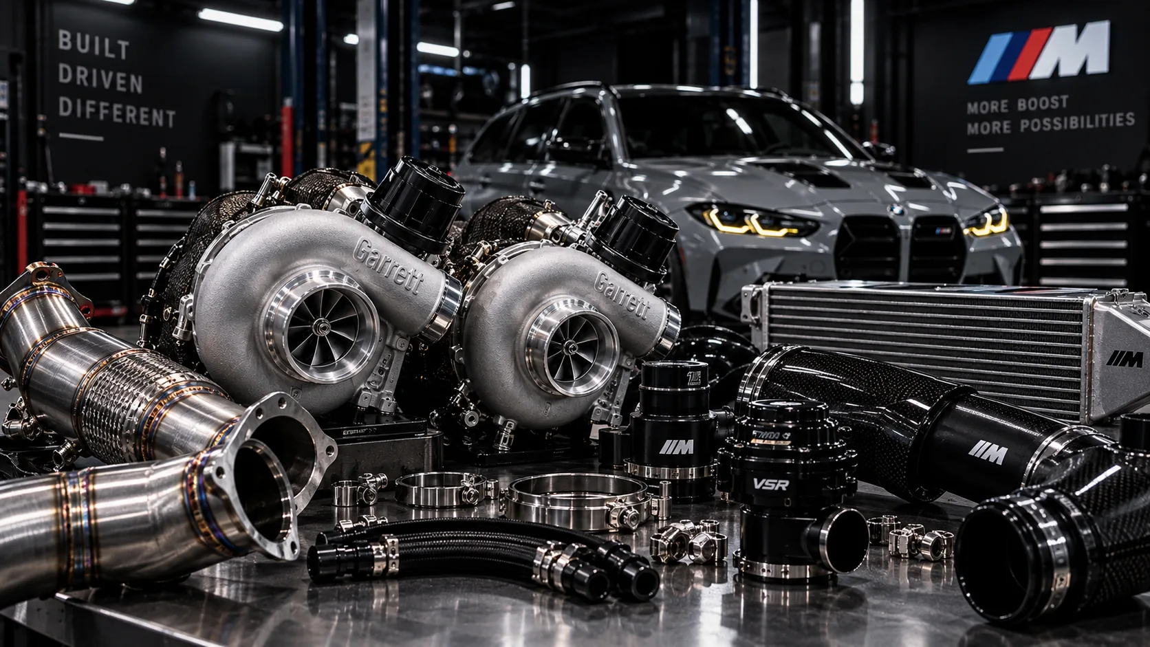Twin turbochargers and intercooler hardware on a bench