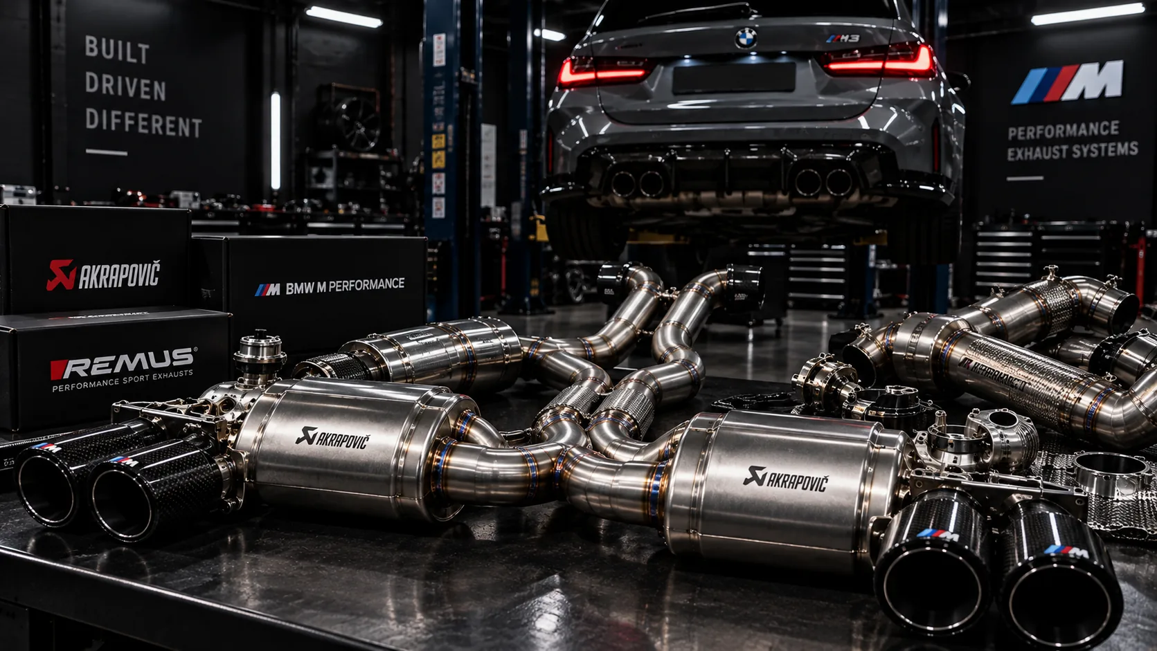 Stainless exhaust system laid out in the workshop