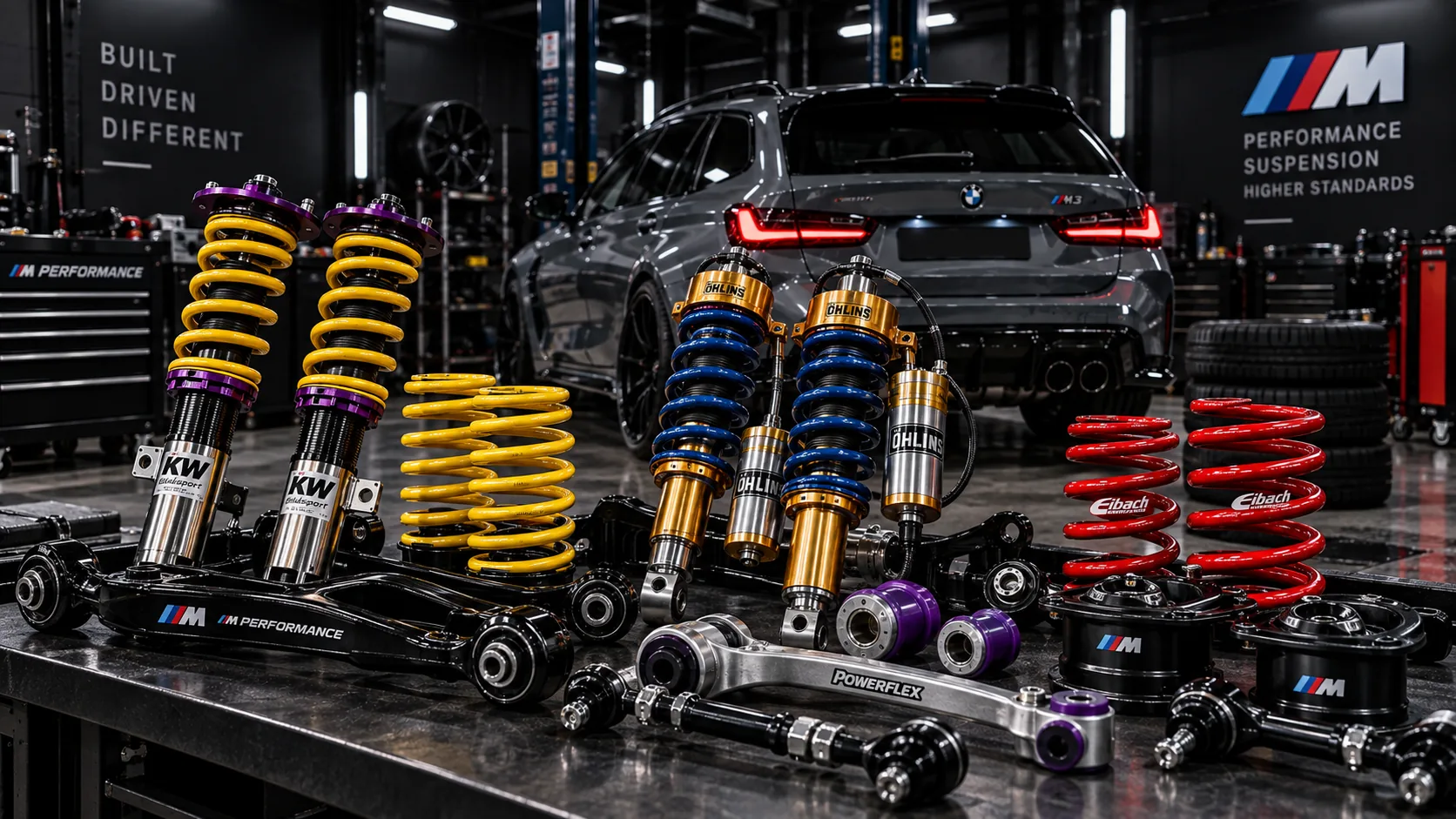 Coilover suspension and spring components on a bench