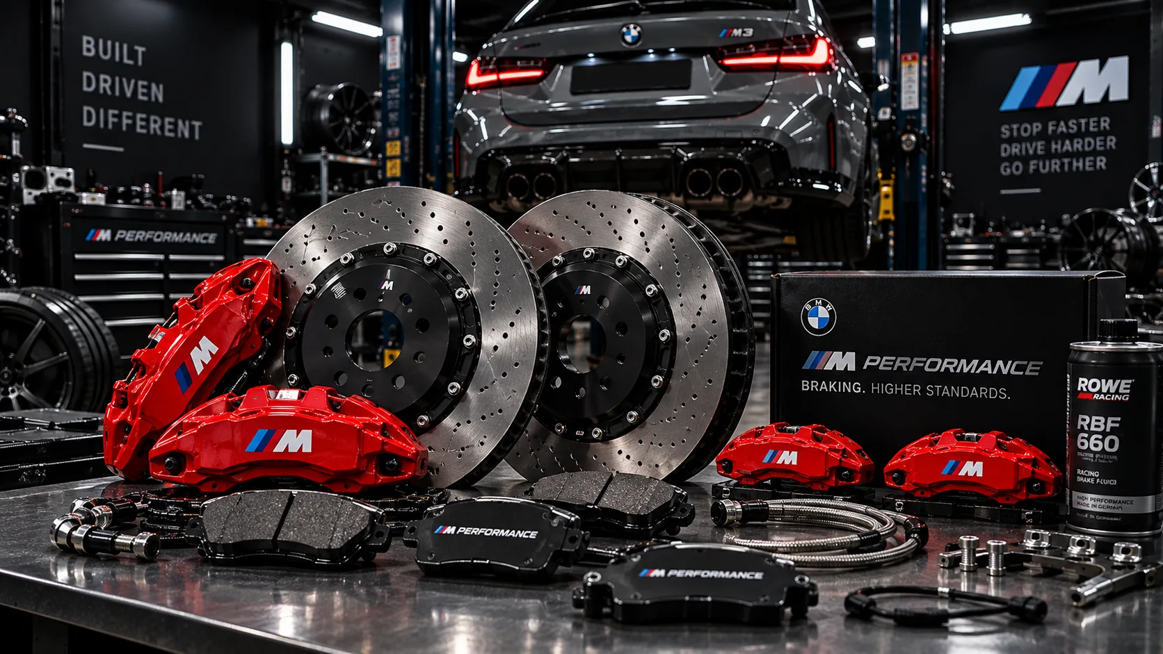 Brake discs and calipers laid out on a bench