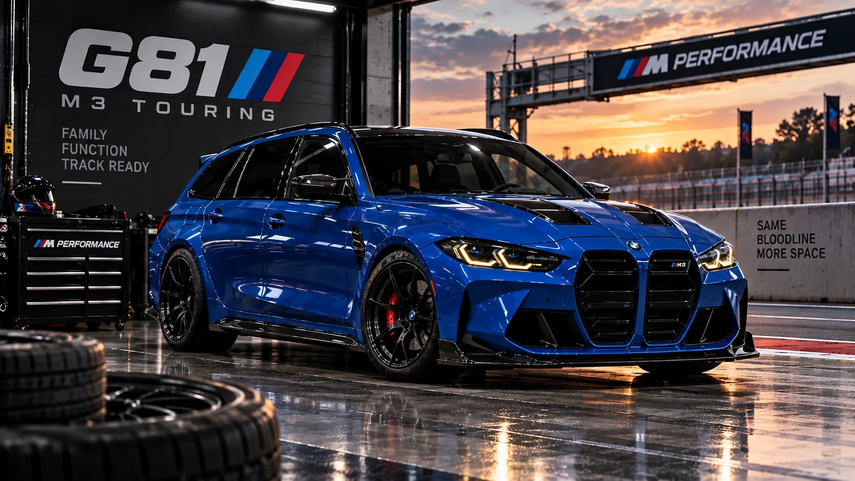 Blue performance estate, side three-quarter view at the workshop