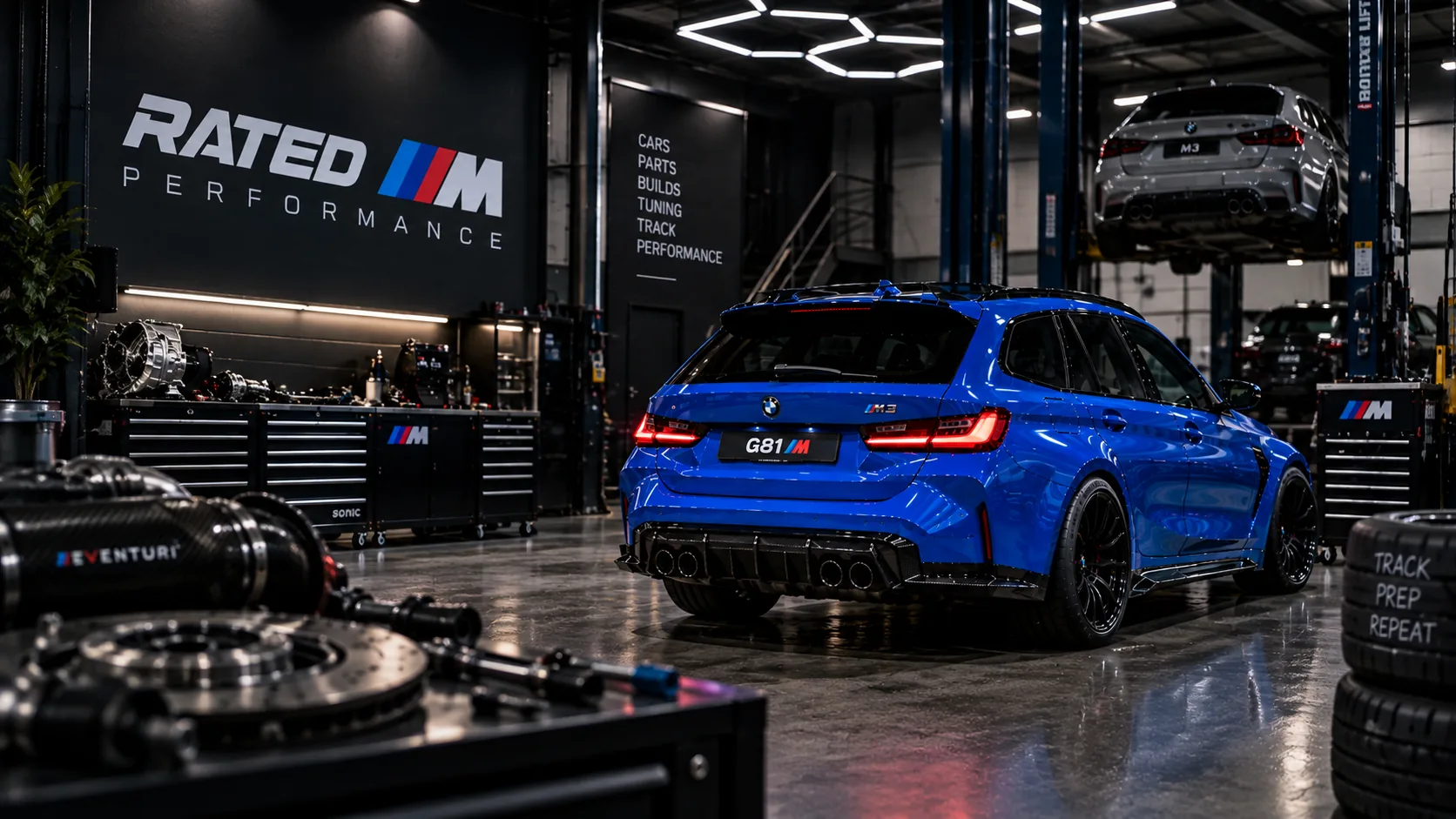 Workshop interior with vehicles and equipment